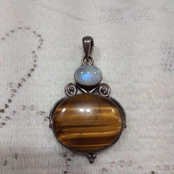 Vintage 925 Silver Real Tiger Eye & Moonstone Gemstone Oval Pendant Boho Hippie - Picture 5 of 16
